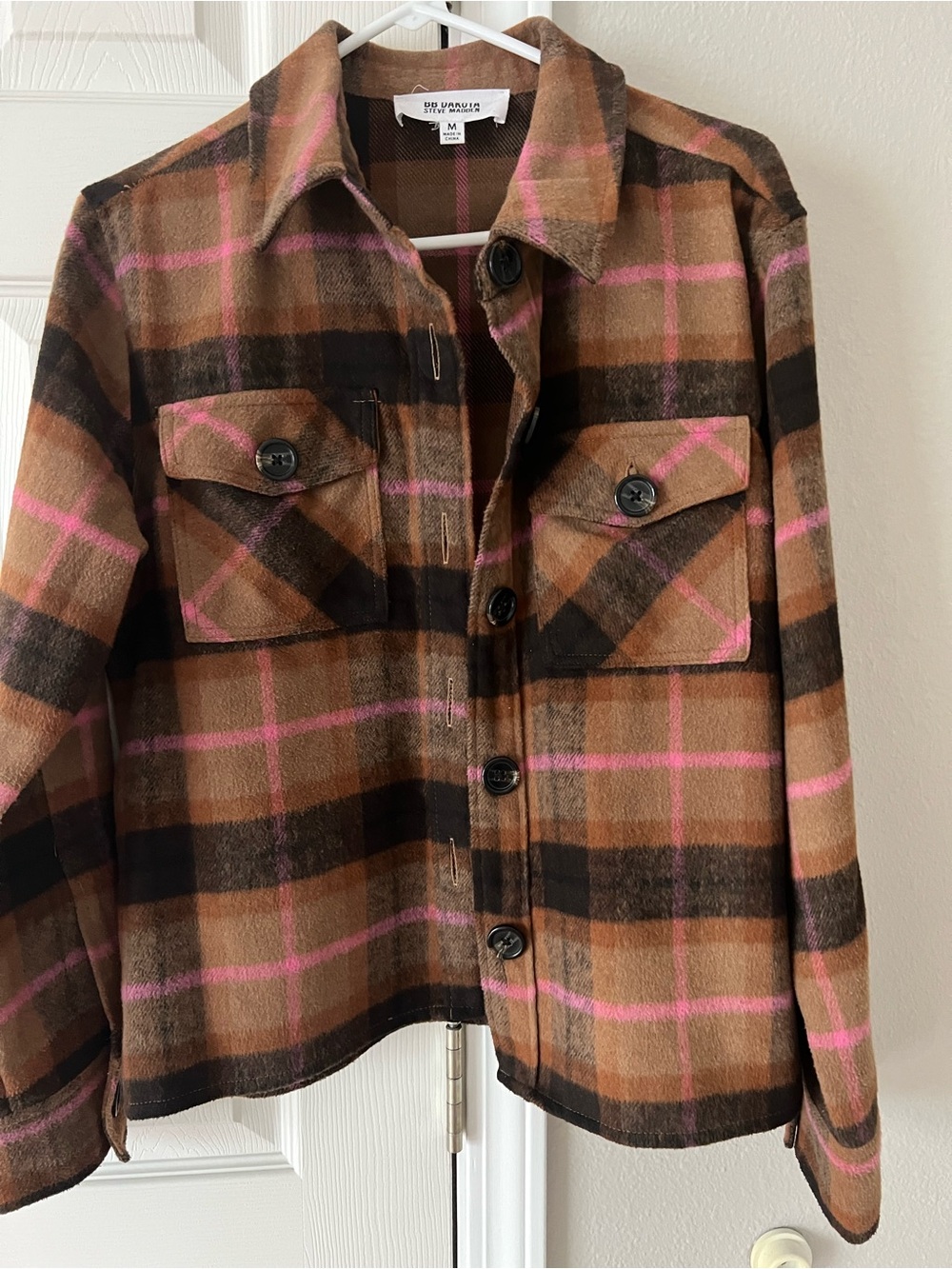Women’s BB Dakota Brown Plaid Jacket with Pink Trim
